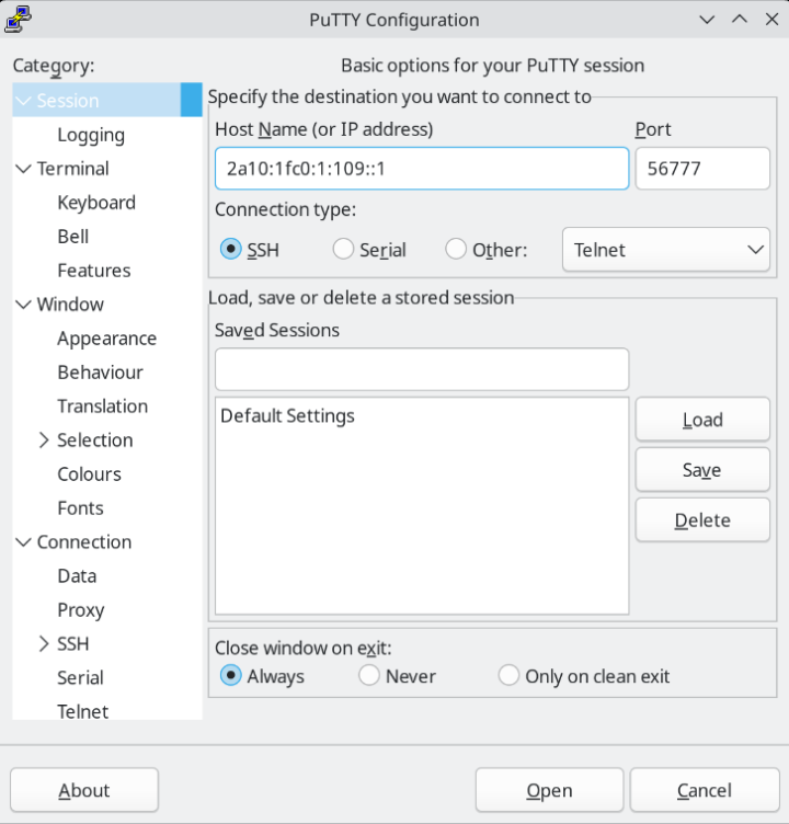 Connection type：SSH